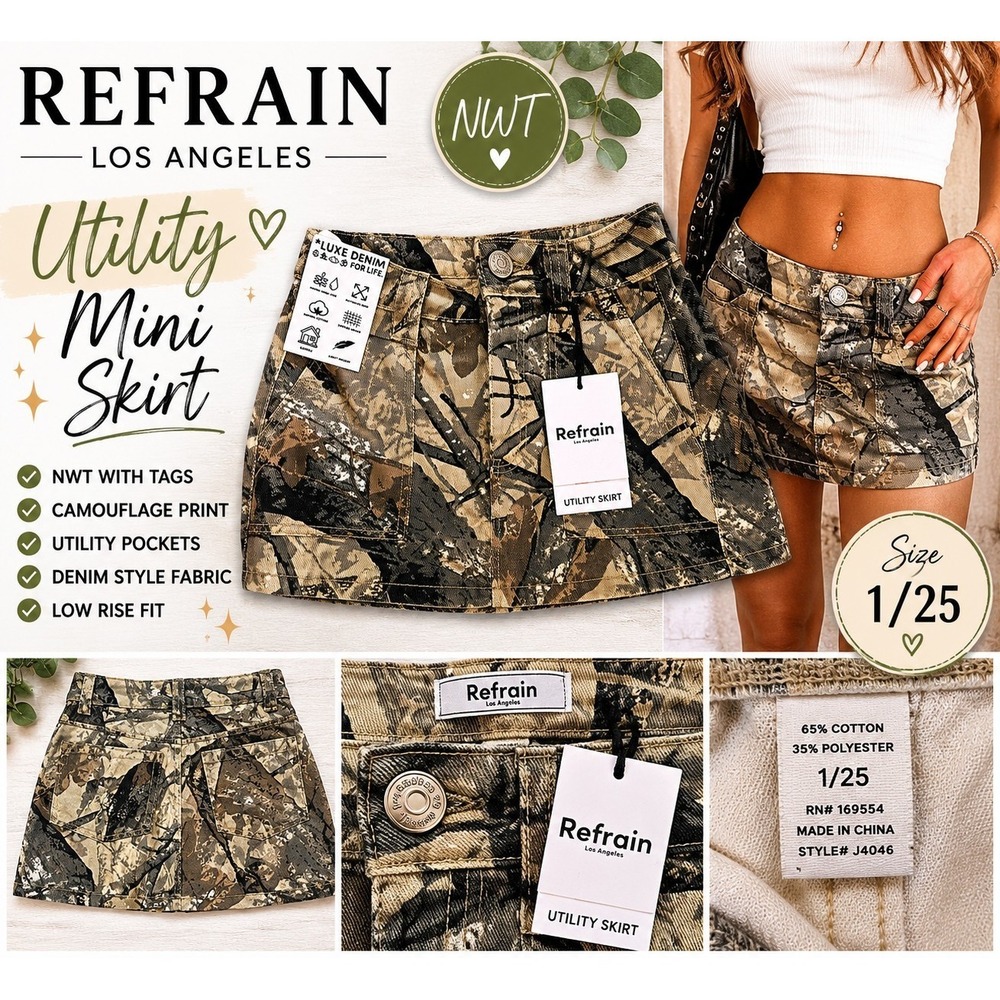 NWT Refrain Los Angeles Camo Utility Mini Skirt‎ Size 1/25 Y2K Streetwear